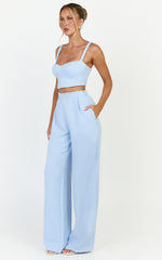 Sylvia Two Piece Set - Corset Top and High Waisted Wide Leg Pants Set in Blue