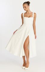 Bernie Midi Dress - Square Neck Strapped Full Circle Skirt Dress in White