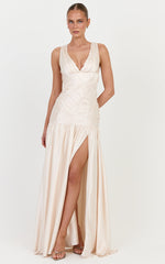 Alessandra Maxi Dress - Ruched Leg Split Dress in Champagne