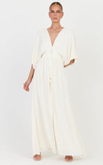 Sitting Pretty Maxi Dress - Short Sleeve Button Down Dress in Natural