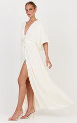 Sitting Pretty Maxi Dress - Short Sleeve Button Down Dress in Natural