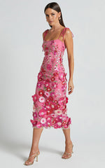Jamich Midi Dress - Straight Neck Tie Strap Pencil Dress in Magenta