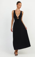 Silvena Midi Dress - V Neck Tie Front A Line Dress in Black
