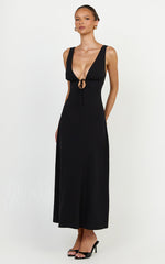 Silvena Midi Dress - V Neck Tie Front A Line Dress in Black