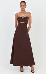 Elizabeth Midi Dress - Linen Blend Tie Back Cut Out Maxi Dress in Dark Chocolate