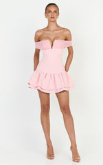 Vienna Mini Dress - Off Shoulder Tiered Hem Dress in Pink
