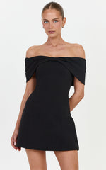 Thalia Mini Dress - Off Shoulder Bow Detail Dress in Black