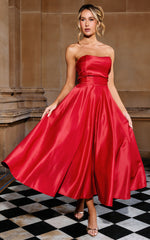 Helaina Midi Dress - Strapless A-Line Satin Dress in Red