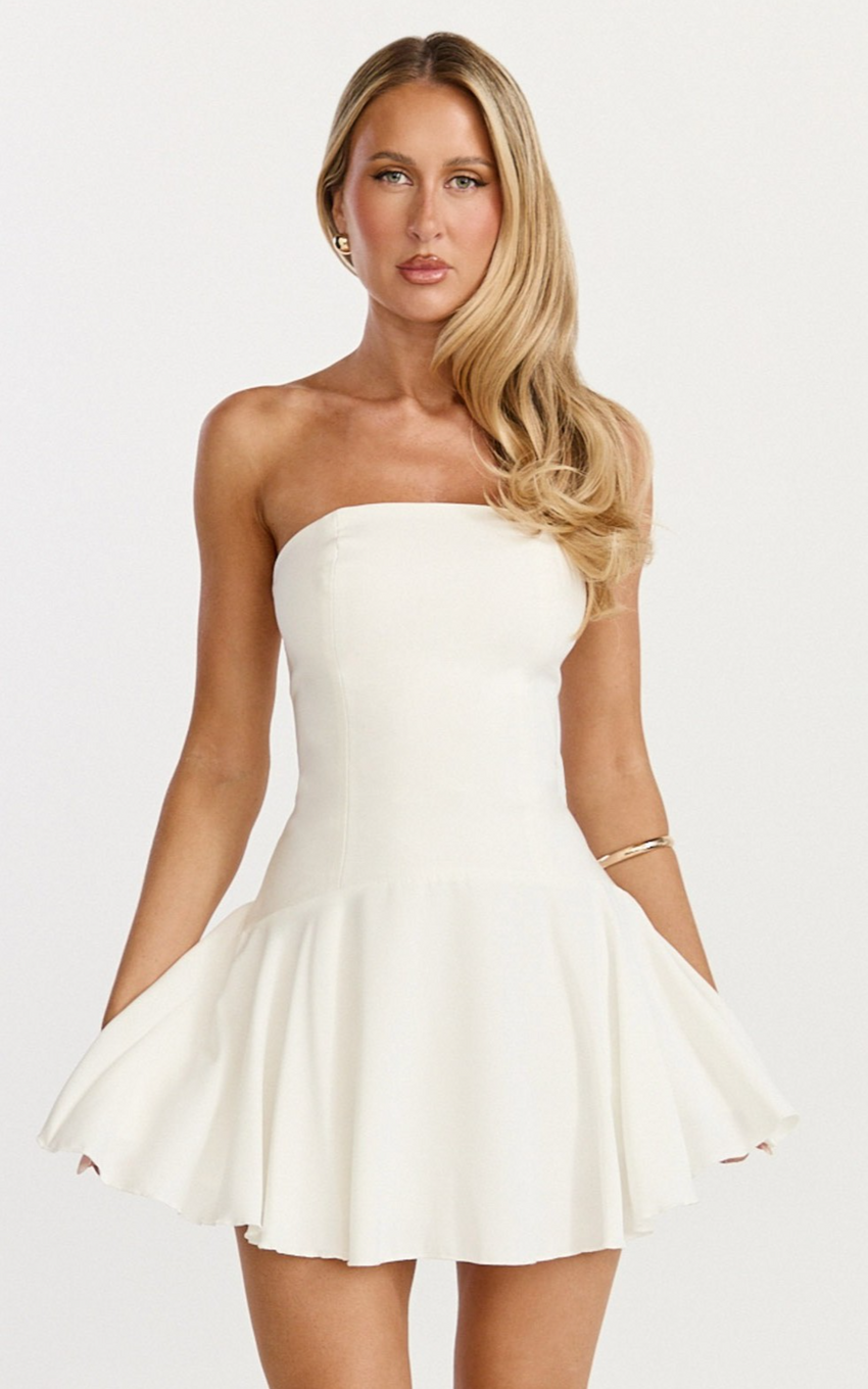 Poppy Mini Dress - Contrast Skirt Strapless Dress in White