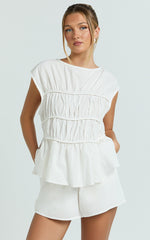 Alina Two Piece Set - Ruched Detail Top and Short Pants Set in White