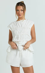 Alina Two Piece Set - Ruched Detail Top and Short Pants Set in White