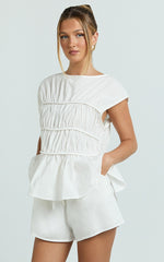 Alina Two Piece Set - Ruched Detail Top and Short Pants Set in White