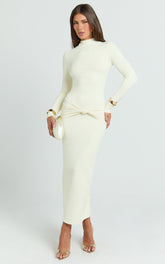 Amelita Midi Dress - Long Sleeve Knot Detail Dress in Cream