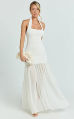 Barbara Maxi Dress - Halter Scoop Neck Contrast Georgette Dress in Ivory