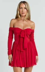 Bennett Mini Dress - Off Shoulder Long Sleeve V Waist Dress in Red
