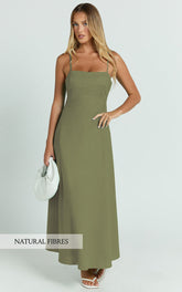 Brette Midi Dress - Linen Straight Neck Strappy Fit And Flare Dress in Olive