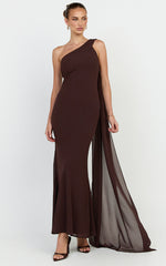Carmilla Maxi Dress - One Shoulder Scarf Dress in Chocolate