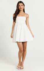 Clover Mini Dress - Back Bow Babydoll Dress in White