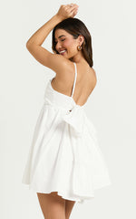 Clover Mini Dress - Back Bow Babydoll Dress in White