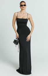 Edna Maxi Dress - Straight Neck A Line Maxi Dress in Black