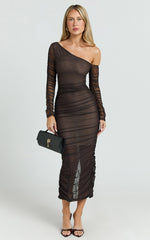 Ellen Midi Dress - Asymmetric Mesh Ruched Bodycon Dress in Brown