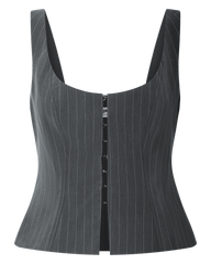 Fiona Top - Pinstripe Scoop Neck Hook And Eye Front Top in Dark Grey