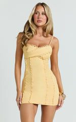Gigi Mini Linen Blend Dress - Sweetheart Tie Back Scallop Detail Dress in Butter