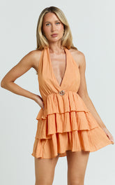 Heidi Mini Dress - Deep V Plunge Halter Neck Peplum Brooch Detail Fit And Flare Dress in Orange