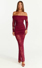 Juliet Maxi Dress - Off Shoulder Long Sleeve Ruched Overlay Lace Dress in Wine