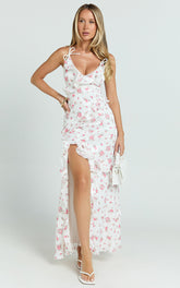 Justine Maxi Dress - Jacquard V Neck Ruffle Tiered Dress in Romantic Ditsy Print