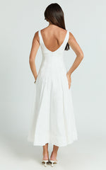 Kristi Midi Dress - Scoop Neck Fit And Flare Dress in Off White
