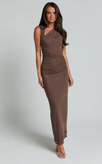 Lara Midi Dress - Asymmetrical Ruched Mesh Dress in Chocolate
