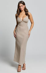 Mauriel Midi Dress - Deep V Gathered Bust Slip Dress in Natural Geo