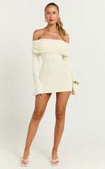 Pietra Mini Dress - Knitted Off Shoulder Dress in Cream