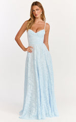 Rachel Maxi Dress - Sweetheart Neckline Jacquard Front Split Dress in Ice Blue