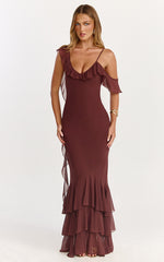 Riley Maxi Dress - Asymmetric Ruffle Detail Maxi Dress in Chocolate