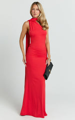 Seraphine Maxi Dress - Halter Neck Low Back Fit And Flare Dress in Red