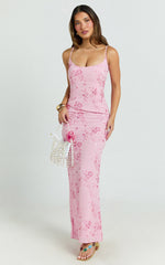Shari Maxi Dress - Strappy Scoop Neck Column Fitted Sequin Mesh Dress in Pink