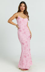 Shari Maxi Dress - Strappy Scoop Neck Column Fitted Sequin Mesh Dress in Pink