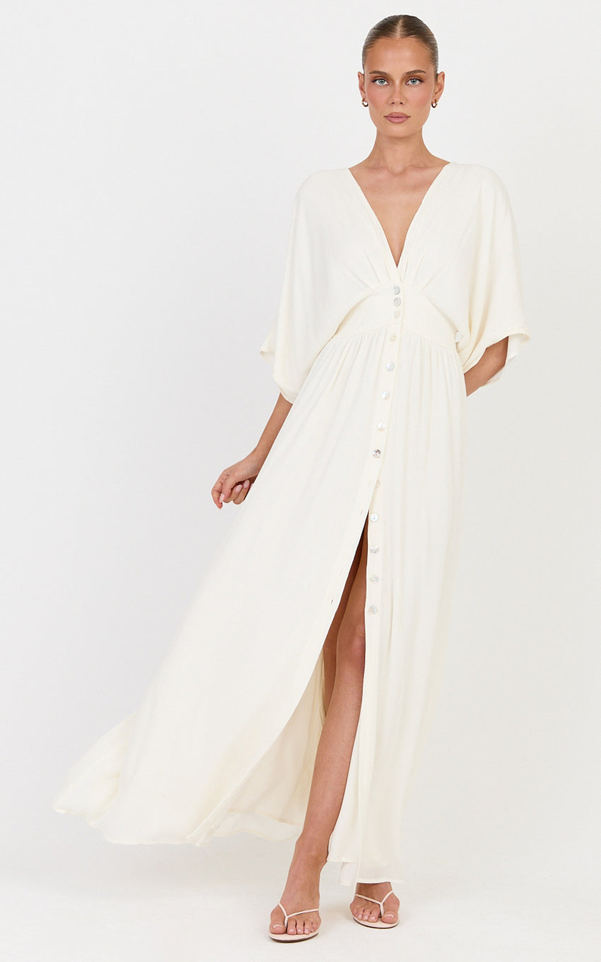 Sitting Pretty Maxi Dress - Short Sleeve Button Down Dress in Natural