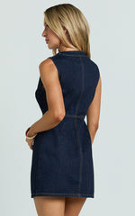 Stephanie Mini Dress Scoop Neck Recycled Denim Dress with Hardware in Raw Indigo