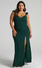 More Than This Maxi Dress - Ruffle Strap Thigh Split Dress in Emerald