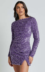 Tracy Mini Dress - Sequin Long Sleeve Backless Dress in Purple