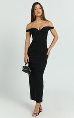Vinnie Midi Dress - Off Shoulder Bustier Side Tuck Fitted Dress in Black