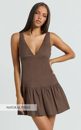 Virginia Mini Dress - Dropped Waist Gathered Mini Dress in Chocolate