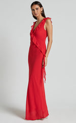 Laurie Midi Dress - Plunge Frill Detail Slip Dress in Red