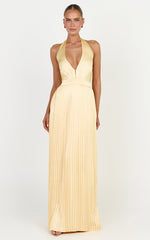 Kayla Maxi Dress - Plunge Neckline Pleated Halter Dress in Butter Yellow