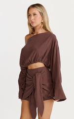 Elly Two Piece Top and Skirt Set - Asym Long Sleeve Top and Wrap Mini Skirt Set in Chocolate