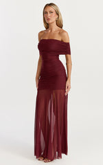 Alanna Maxi Dress - Off Shoulder Ruched Mesh Dress in Wine