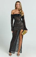 Alexandra Maxi Dress - Sequin Off Shoulder Leg Split Dress in Black